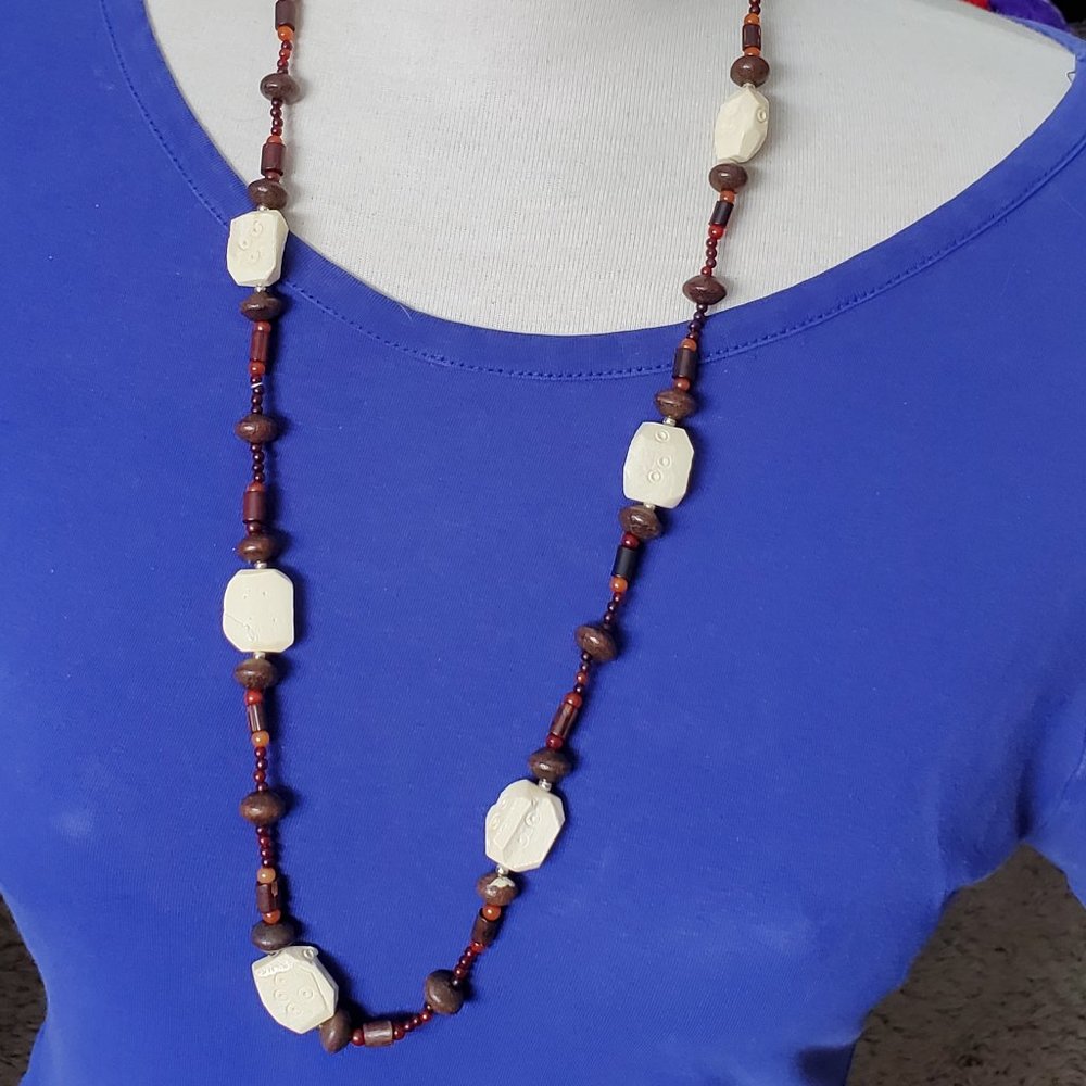 28" Long Wood and Bone Bead Strand Necklace Simple Casual Fashion Design Artisan
